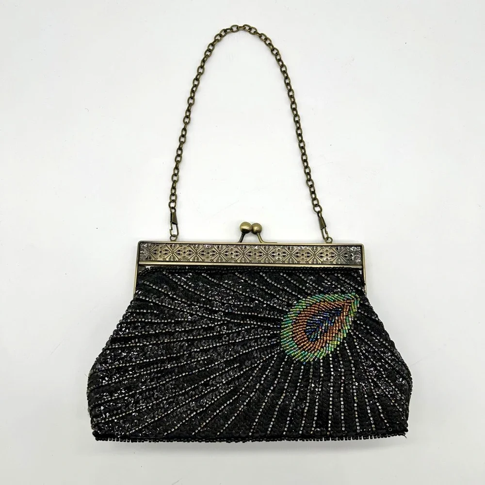 Peacock Black Clutch Purse Beaded Sequin Evening Bag Chain‎ Handle